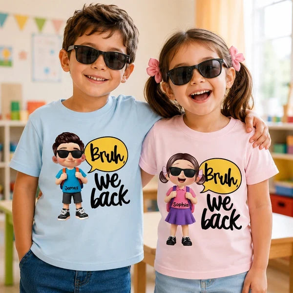 Personalized Youth Tee with Backpack Schoolboy and Bruh We Back Quote, Creative Back to School Gift for Kids
