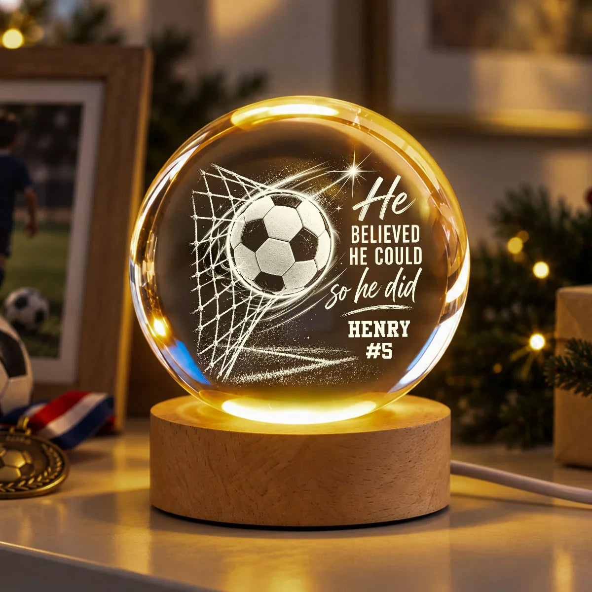 Personalized Globe Lamp, Soccer Ball in Goal With Motivational Quote, Unique Gift for Soccer Player