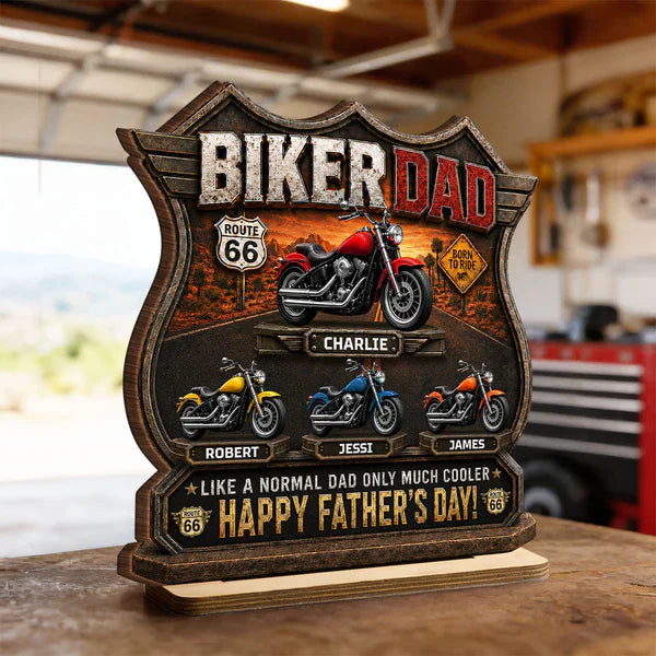 Personalized Biker Dad 2-Layer Wooden Plaque, Route 66 Motorcycle Gift For Dad, Unique Father's Day Decor
