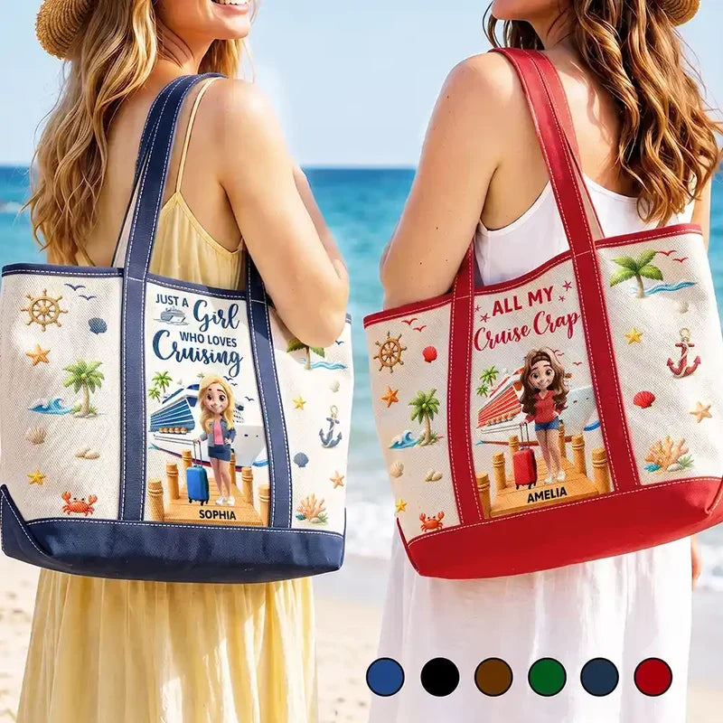 Personalized Tote Bag, Woman with Suitcase on Sunny Cruise Dock, Unique Gift for Travelers