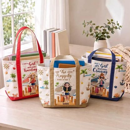 Personalized Tote Bag, Woman with Suitcase on Sunny Cruise Dock, Unique Gift for Travelers