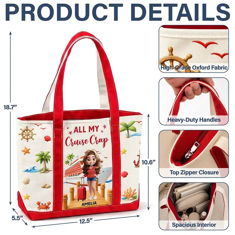 Personalized Tote Bag, Woman with Suitcase on Sunny Cruise Dock, Unique Gift for Travelers