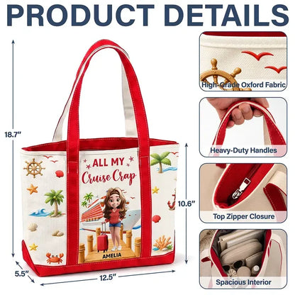 Personalized Tote Bag, Woman with Suitcase on Sunny Cruise Dock, Unique Gift for Travelers