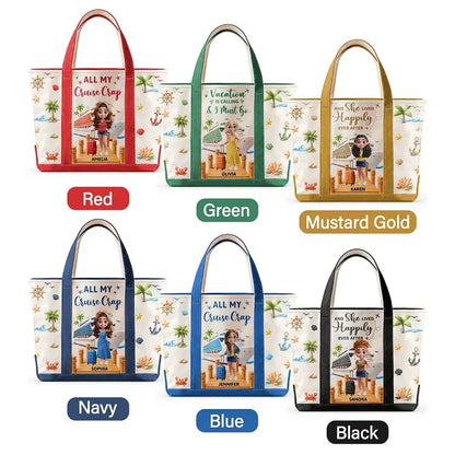 Personalized Tote Bag, Woman with Suitcase on Sunny Cruise Dock, Unique Gift for Travelers