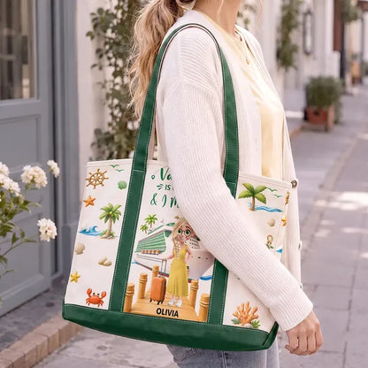 Personalized Tote Bag, Woman with Suitcase on Sunny Cruise Dock, Unique Gift for Travelers