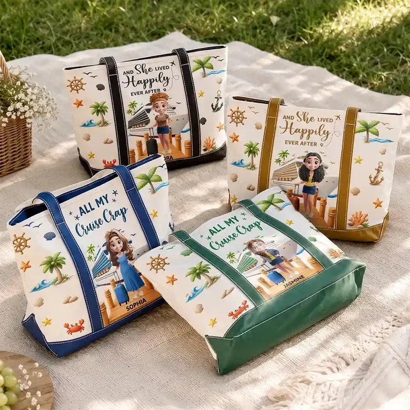 Personalized Tote Bag, Woman with Suitcase on Sunny Cruise Dock, Unique Gift for Travelers
