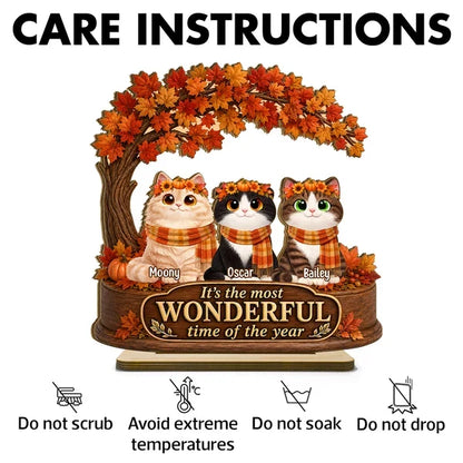 Personalized 2-Layer Wooden Plaque with Cats Under Autumn Leaves, Unique Creative Gift for Cat Lovers