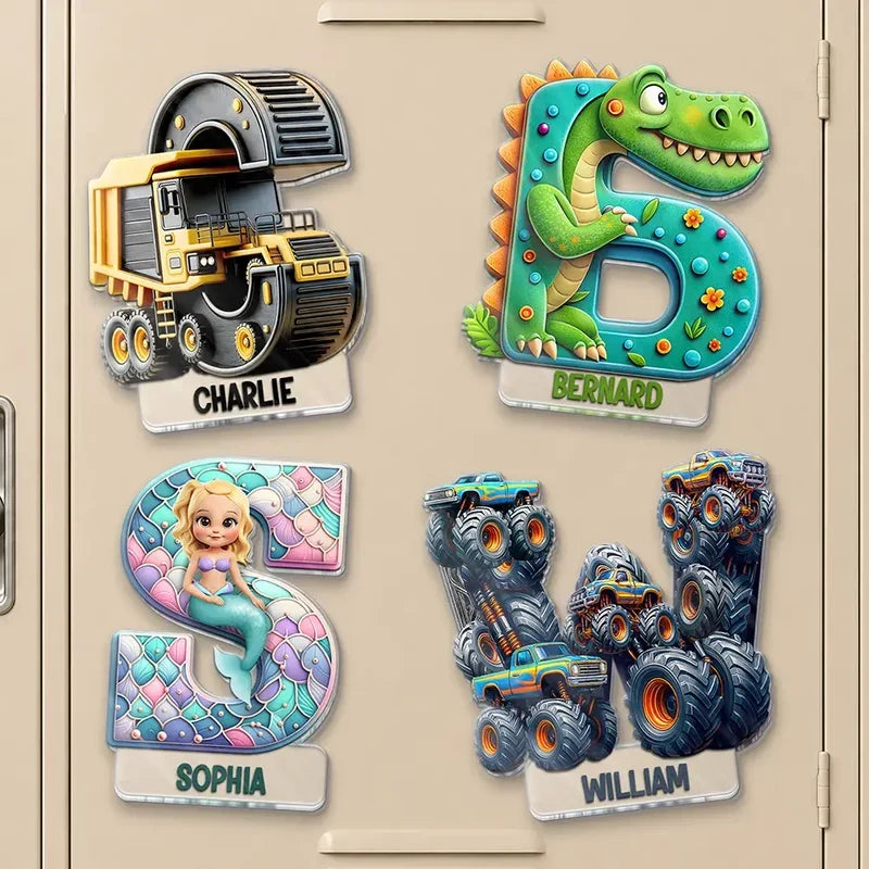 Personalized Acrylic Magnet, Playful Character Alphabet Keepsake for Lockers and Fridges, Unique Gift for Kids