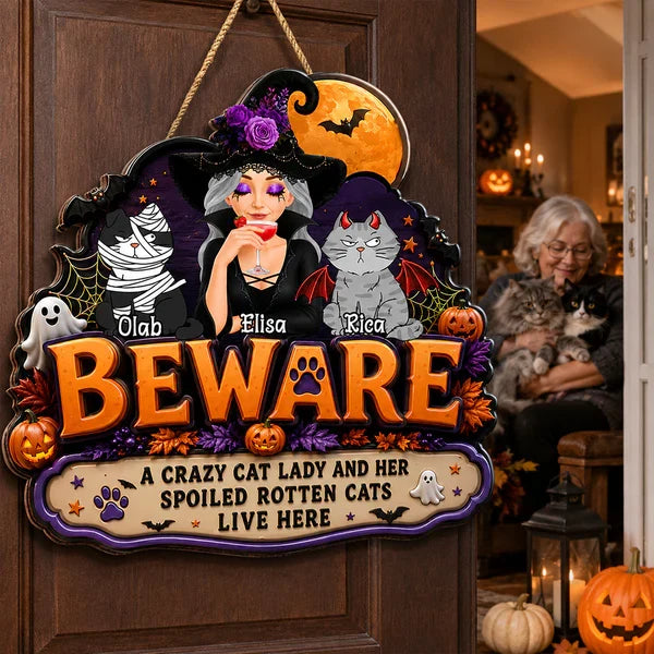 Personalized Wooden Sign, Crazy Cat Lady Halloween Witch & Cats Decor, Unique Creative Gift for Cat Lovers