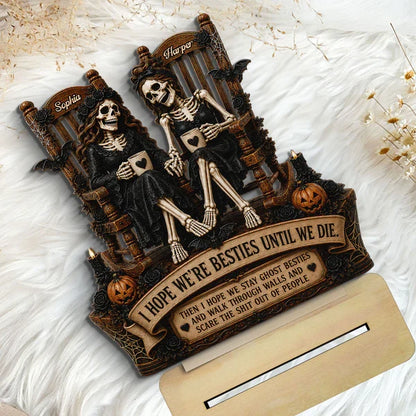 Personalized 2-Layer Wooden Plaque, Seated Skeleton Besties Holding Mugs, Unique Gift for Close Friend