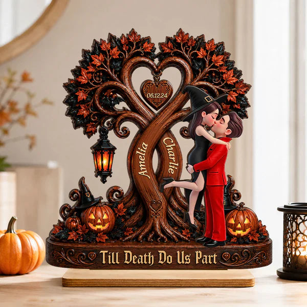 Personalized 2-Layer Wooden Plaque, Kissing Couple Under Halloween Tree, Unique Gift for Couple