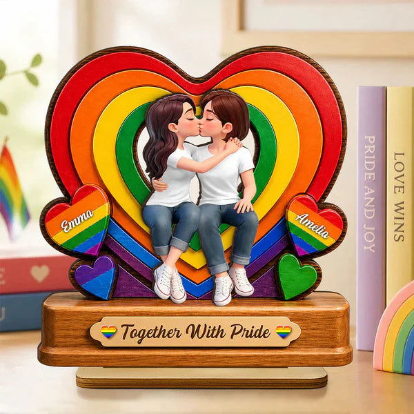 Personalized 2-Layer Wooden Plaque with Kissing LGBTQ Couple, Rainbow Heart, Unique Gift for Partner
