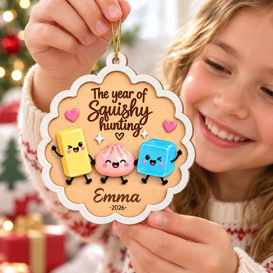 Personalized Wooden Ornament with Colorful Squishy Friends, Unique Gift for Collectors and Christmas Tree Decor