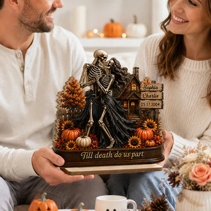 Personalized 2-Layer Wooden Plaque, Fall Skeleton Couple Scene, Unique Halloween Gift for Couple