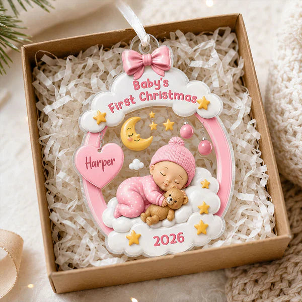 Personalized Acrylic Ornament, Sleeping Baby Moon & Stars, Unique First Christmas Gift for New Parents