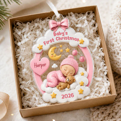 Personalized Acrylic Ornament, Sleeping Baby Moon & Stars, Unique First Christmas Gift for New Parents