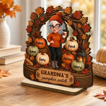 Personalized Wooden Plaque, Coffee-Holding Grandma in an Autumn Pumpkin Patch, Unique Family Gift
