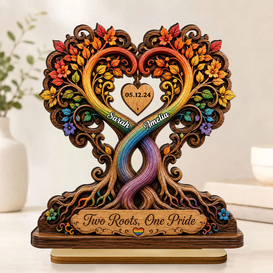 Personalized 2-Layer Wooden Plaque, Intertwined Rainbow Heart Trees, Unique Creative Gift for LGBTQ Couple