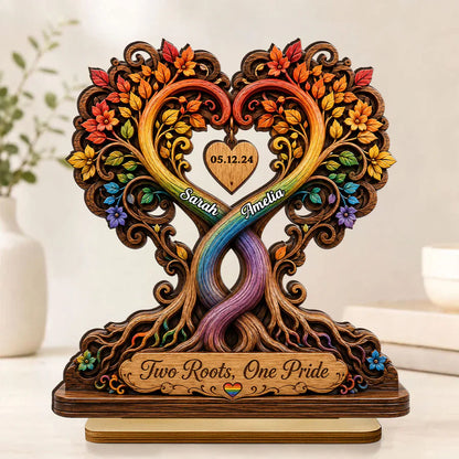 Personalized 2-Layer Wooden Plaque, Intertwined Rainbow Heart Trees, Unique Creative Gift for LGBTQ Couple