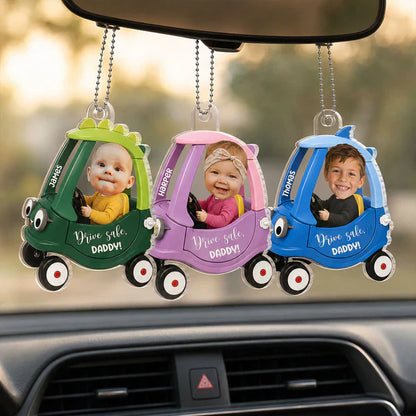 Personalized Acrylic Car Hanger With Baby Driving Green Cartoon Car, Unique Creative Gift For Dad