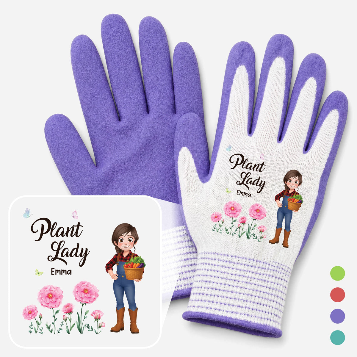 Personalized Plant Lady Gardening Gloves, Cartoon Gardener Holding a Basket, Unique Creative Gift for Garden Lovers