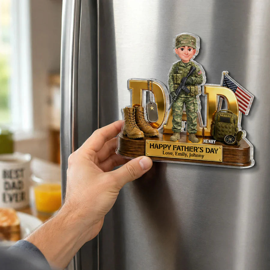 Proud Military Dad Acrylic Fridge Magnet, Personalized Creative Father's Day Gift With Standing Soldier & Flag
