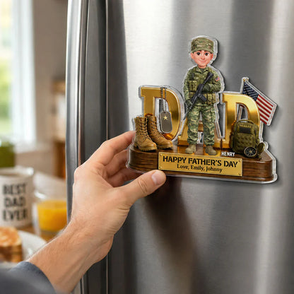 Proud Military Dad Acrylic Fridge Magnet, Personalized Creative Father's Day Gift With Standing Soldier & Flag