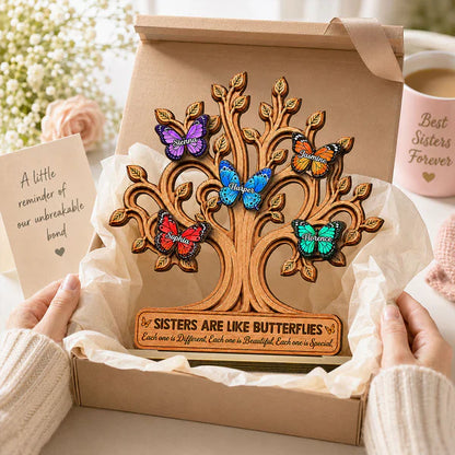 Personalized Wooden Plaque with Butterfly Tree, Unique Gift for Sisters & Family Keepsake