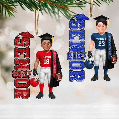 Personalized Football Senior Acrylic Ornament, Graduate Holding Helmet, Unique Graduation Gift for Son