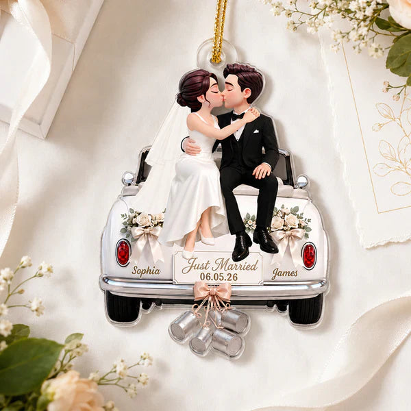 Personalized Acrylic Ornament, Kissing Bride & Groom on Wedding Car, Unique Gift for Couple