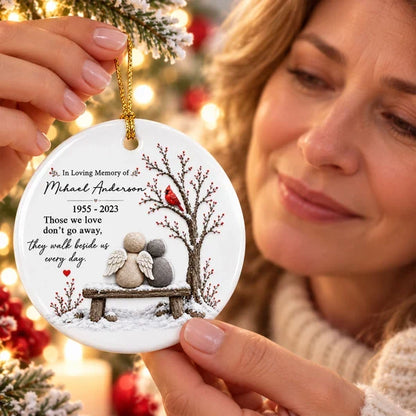 Personalized Ceramic Ornament with Angels on a Snowy Bench and Cardinal, Unique Memorial Gift for Family