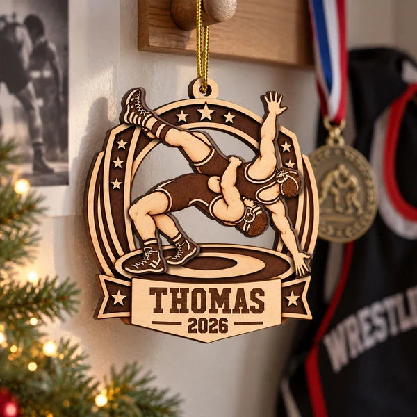 Personalized 2-Layer Wooden Ornament, Warm Brown Wrestling Action, Unique Gift for Son