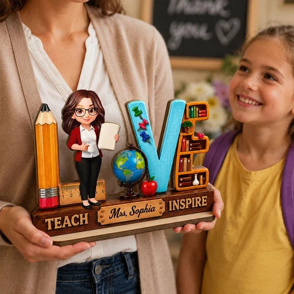 Teach Love Inspire 2-Layer Wooden Plaque, Colorful School Desk Decor, Creative Personalized Teacher Gift