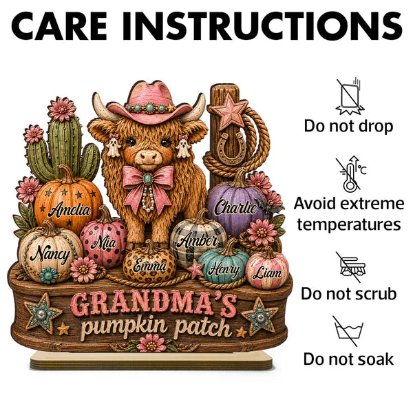 Personalized 2-Layer Wooden Plaque, Grandma's Pumpkin Patch, Western Highland Cow, Unique Creative Gift