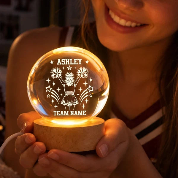 Personalized Globe Lamp with Cheerleader Raising Pom-Poms and Stars, Creative Gift for Daughter