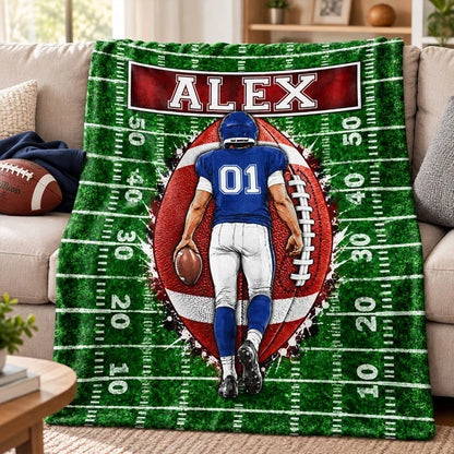 Personalized Fleece Blanket, Football Player Walking on Green Field, Unique Gift for Son or Grandson