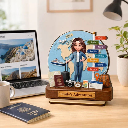 Personalized 2-Layer Wooden Plaque, Cartoon Traveler by a Blue World Map, Unique Gift for Travel Lovers