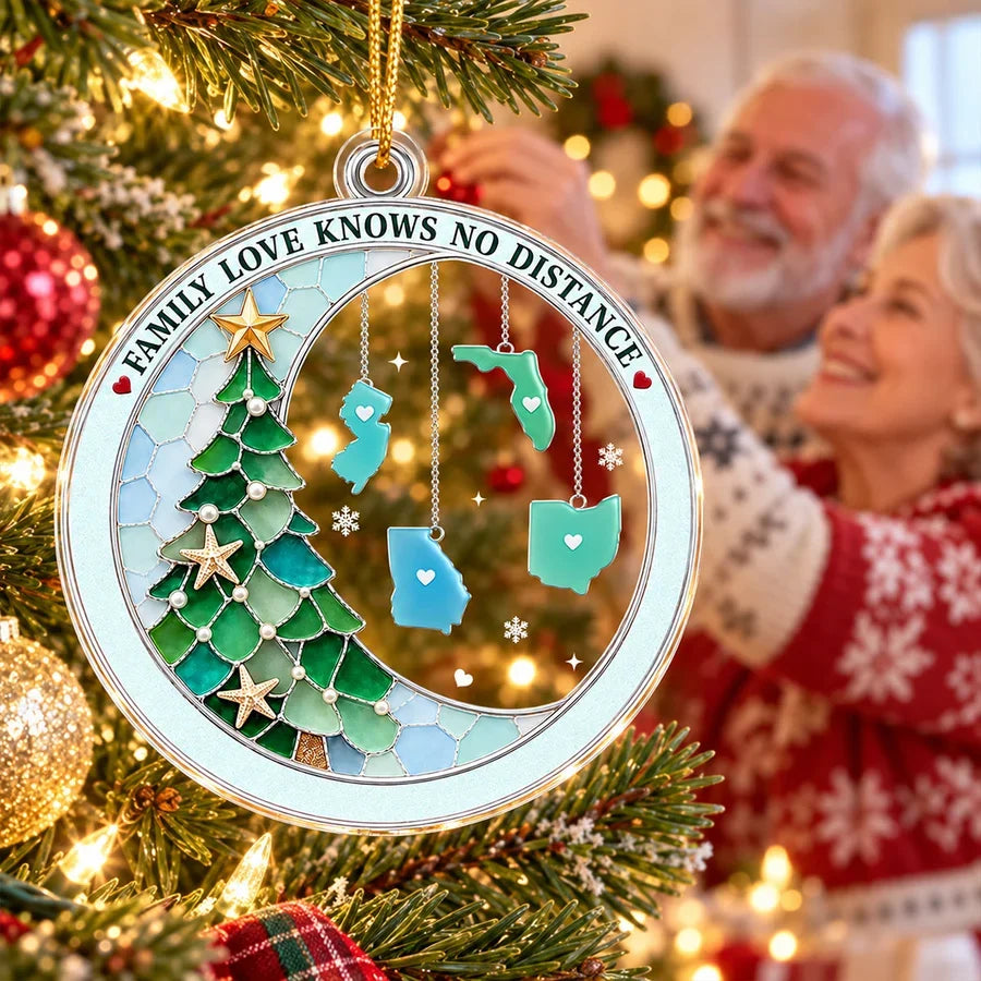 Personalized Acrylic Ornament with Family Map Charms and Christmas Tree, Unique Gift for Long-Distance Family