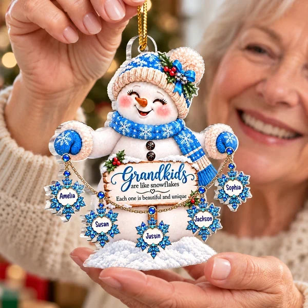 Personalized Acrylic Ornament, Blue Snowman Holding Snowflakes, Unique Christmas Gift for Grandma