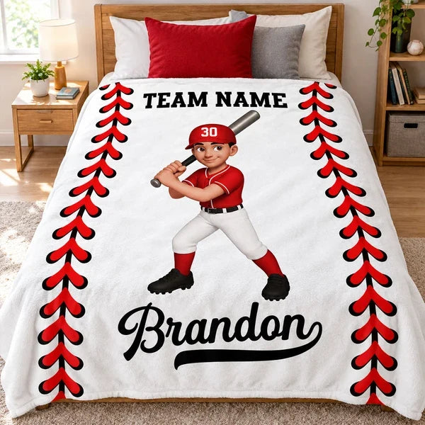 Personalized Fleece Blanket, Cartoon Baseball and Softball Player Holding a Bat, Unique Gift for Son or Daughter