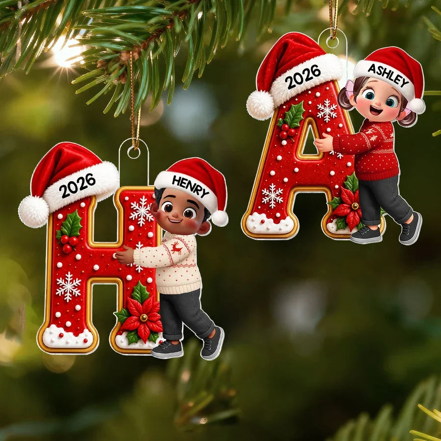 Acrylic Ornament with Joyful Girl Hugging a Letter, Personalized Christmas Keepsake, Creative Gift for Granddaughter
