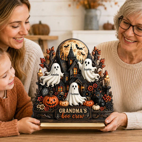 Personalized 2-Layer Wooden Plaque, Grandma's Boo Crew Halloween Decor, Unique Gift for Grandma