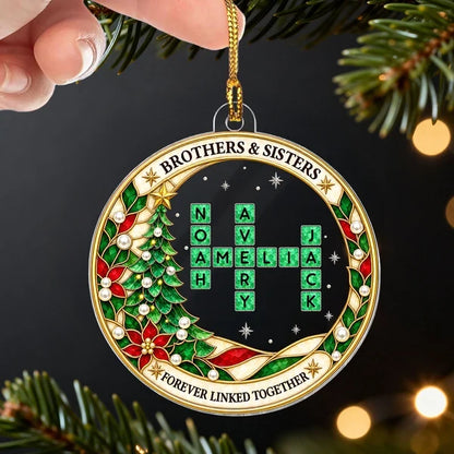 Personalized Acrylic Ornament, Sibling Crossword on a Christmas Tree, Unique Gift for Brothers & Sisters
