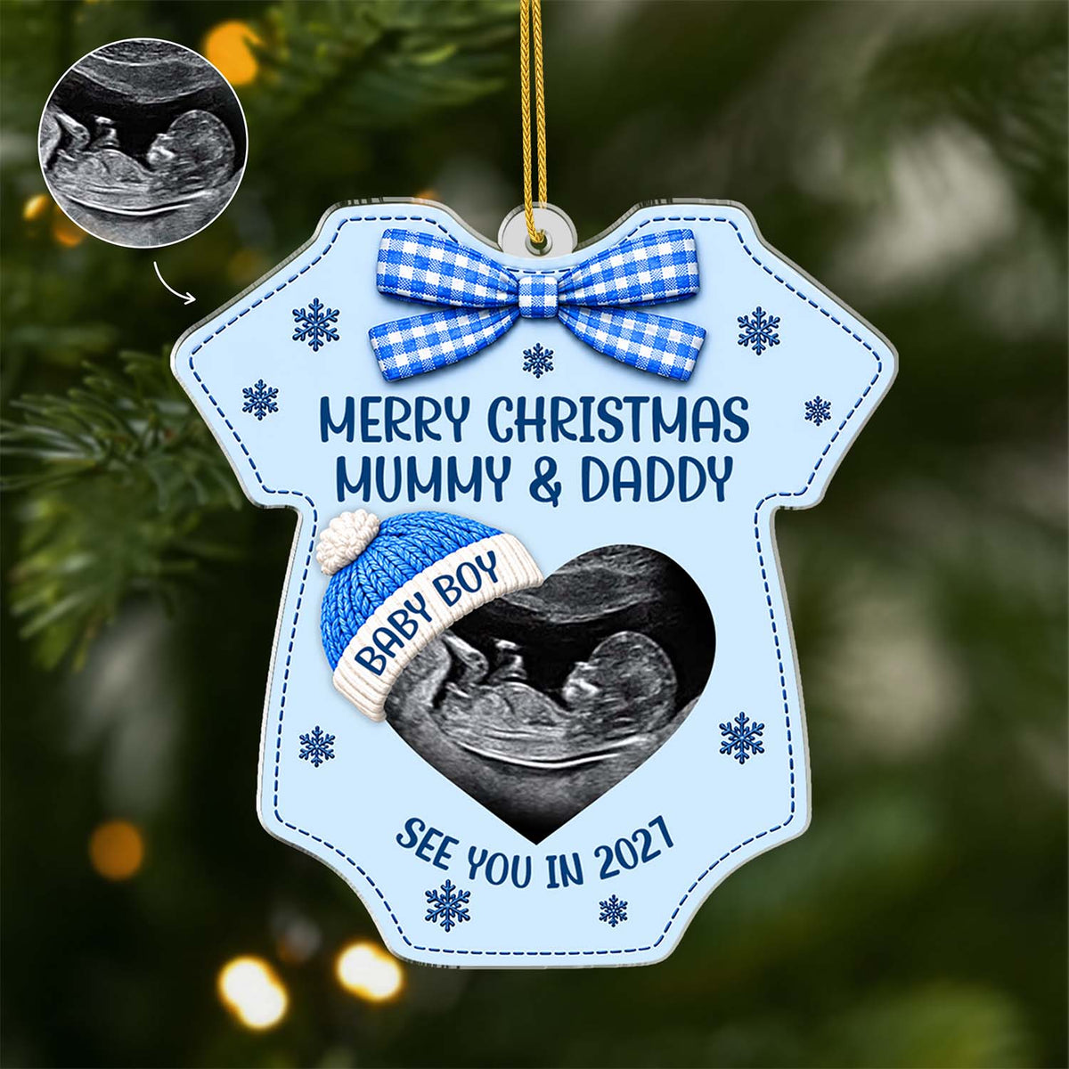 Personalized Ultrasound Acrylic Ornament, Blue Baby Bodysuit Keepsake, Creative Gift for Expecting Parents