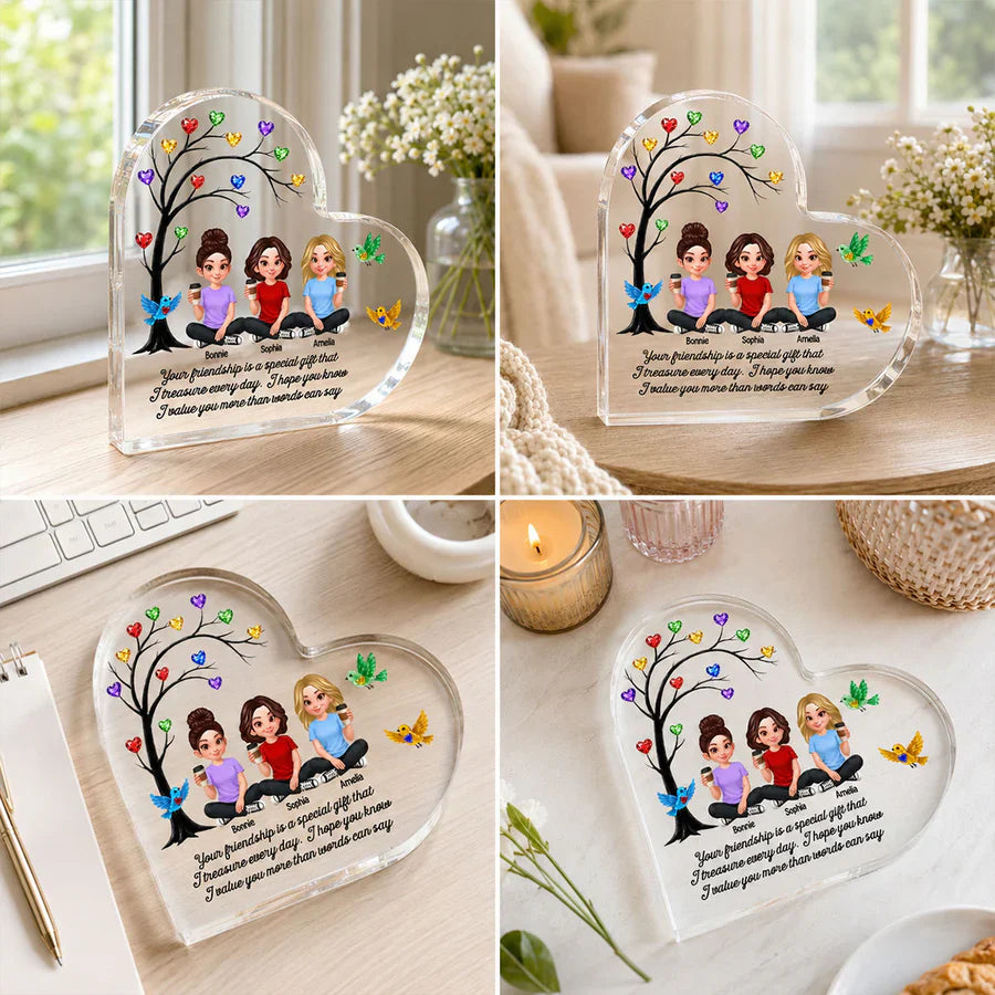 Personalized Heart Acrylic Block Plaque, Colorful Friendship Tree, Unique Gift for Sister & Friend