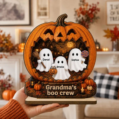 Personalized 2-Layer Wooden Plaque, Halloween Pumpkin Ghost Decor, Unique Gift for Grandma