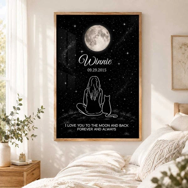 Personalized I Love You to the Moon and Back Cat Memorial Canvas, Seated Woman and Cat, Unique Sympathy Gift for Pet Owners