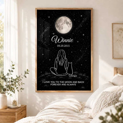 Personalized I Love You to the Moon and Back Cat Memorial Canvas, Seated Woman and Cat, Unique Sympathy Gift for Pet Owners