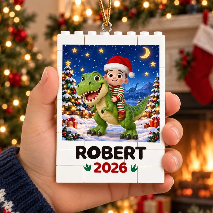 Personalized Building Block Ornament, Child Riding a Dinosaur in a Snowy Christmas Scene, Unique Gift for Grandkids