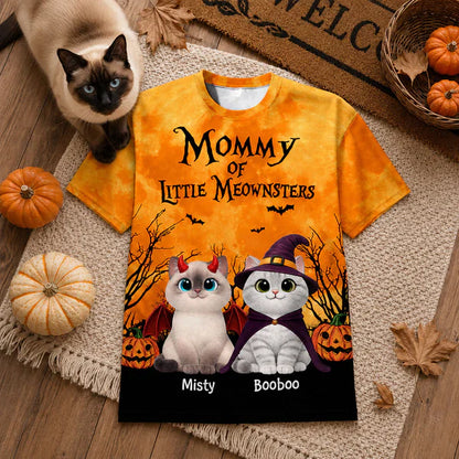 Personalized Printed Classic Tee for Cat Mom, Halloween Cats With Pumpkins & Bats, Unique Gift